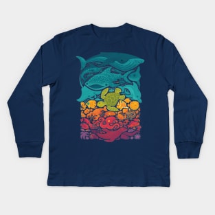 Marine Mosaic: Perfectly Fitting Rectangular Patchwork of Sea Creatures Kids Long Sleeve T-Shirt